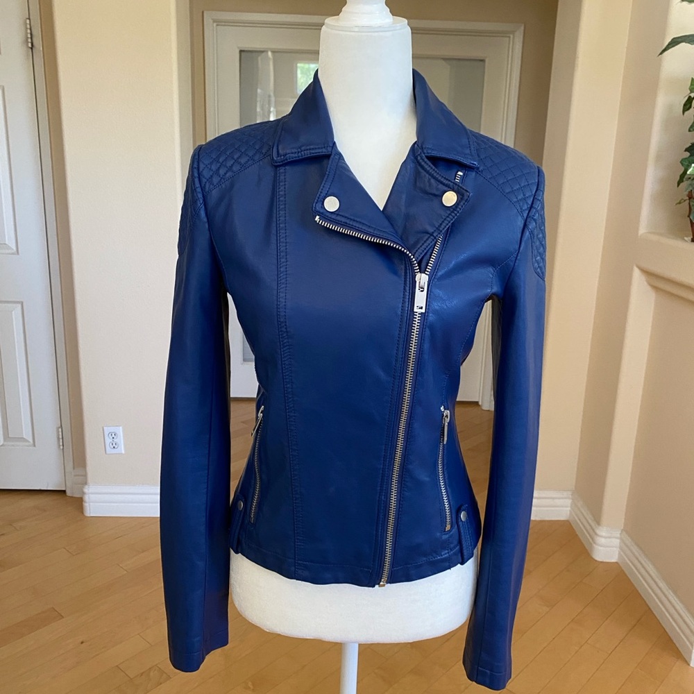 NWOT Black Rivet Blue Soft Vegan Leather Moto Jacket Fitted Design - Picture 2 of 11